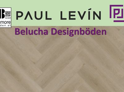 Werbung für Belucha Designböden mit Logo von MFB und Paul Levin auf einem hellgrünen Hintergrund.