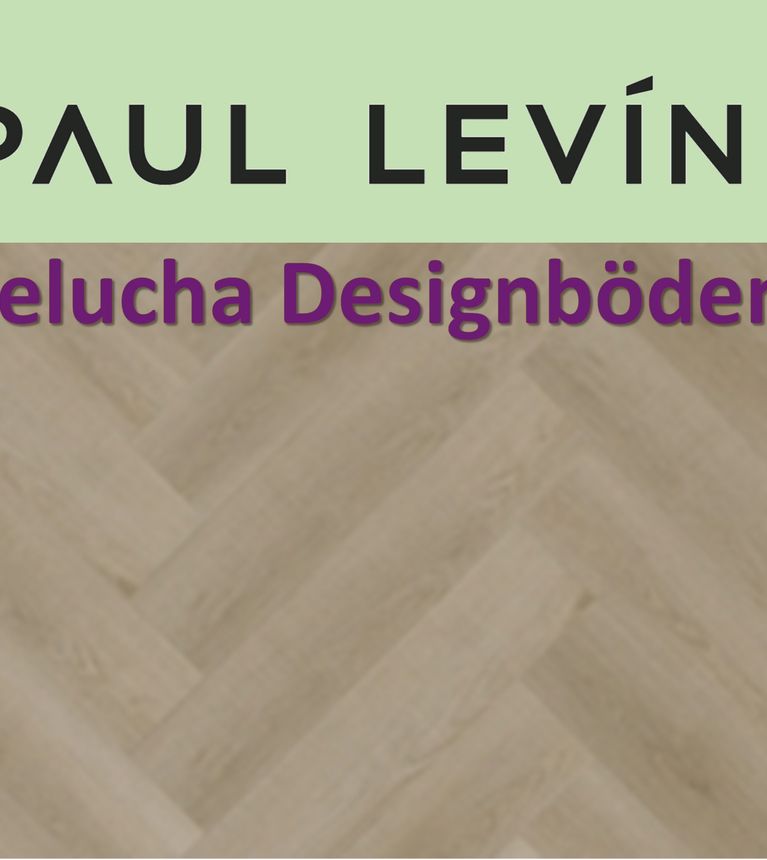 Werbung für Belucha Designböden mit Logo von MFB und Paul Levin auf einem hellgrünen Hintergrund.