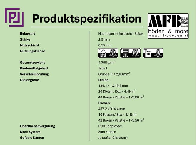 Produktbeschreibung für heterogenen elastischen Belag mit Spezifikationen zu Größe, Boxen und Fliesen.