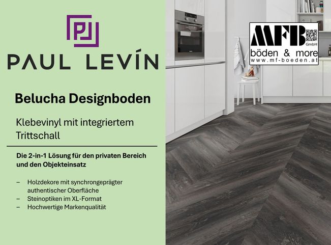 Werbung für Belucha Designböden von Paul Levin, zeigt einen modernen Bodenbelag mit Holz- und Steinoptik.